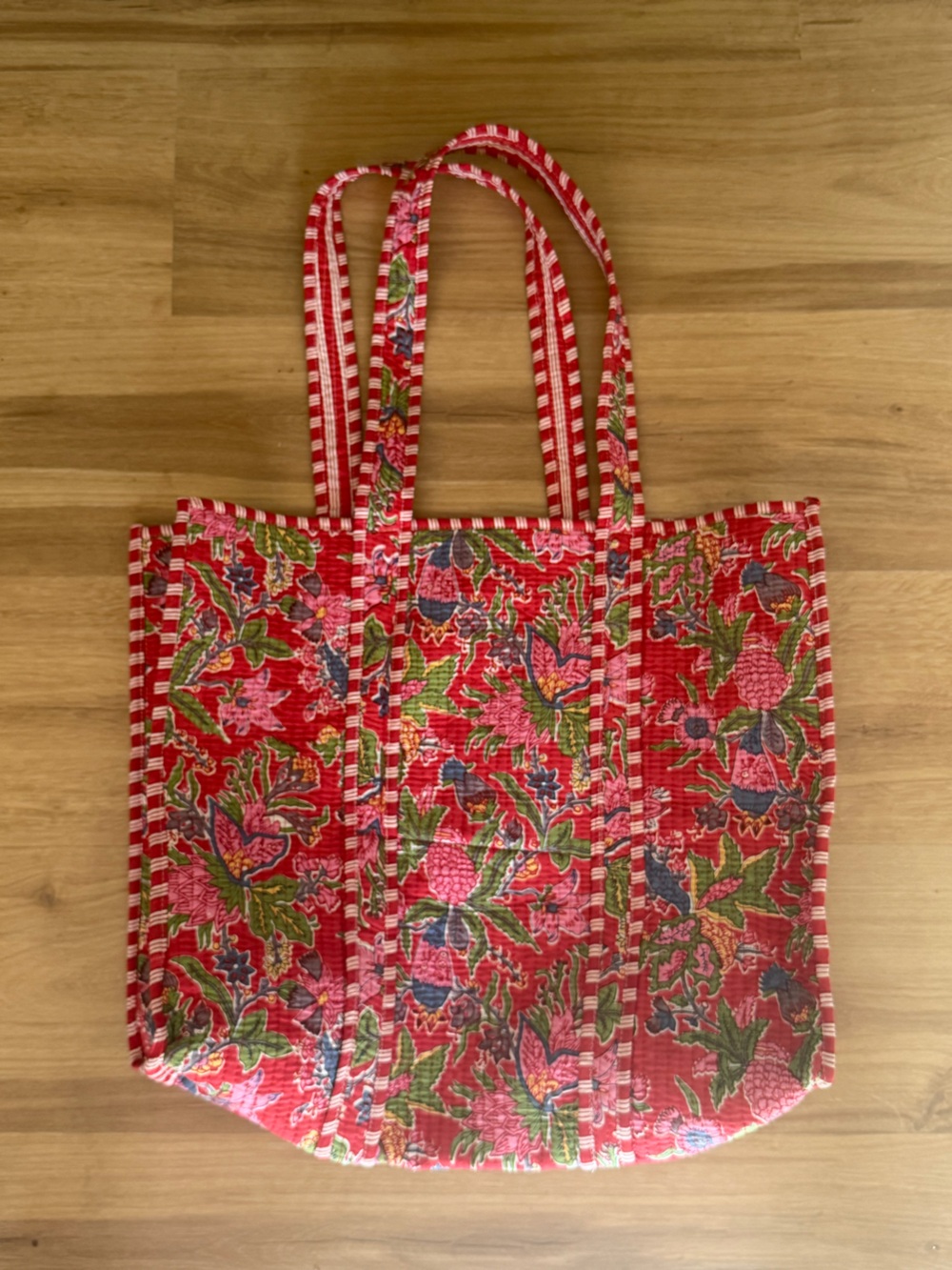 Quilted Red Floral Tote with Striped Handles